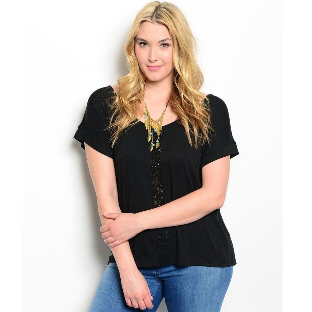 Roman Women's Knit Top Black Lace Bow Trim Scoop Neck Cap-Sleeve Size 1X